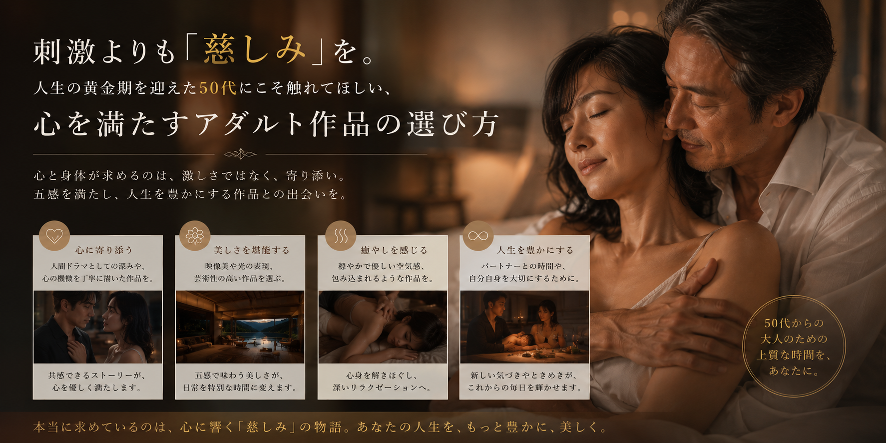 刺激よりも「慈しみ」を。人生の黄金期を迎えた50代にこそ触れてほしい、心を満たすアダルト作品の選び方